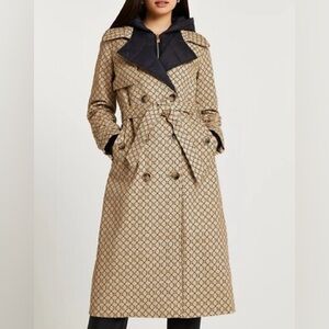 River Island Tan and Black Monogram double collar Trench Coat
